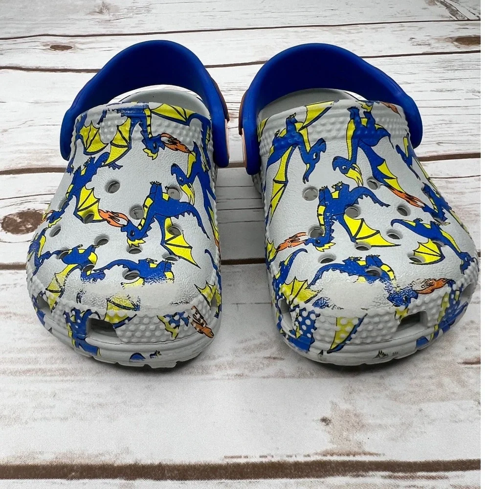Crocs Clogs Gray Blue Dragon Fire Print Kids Boys Shoes Size C12
